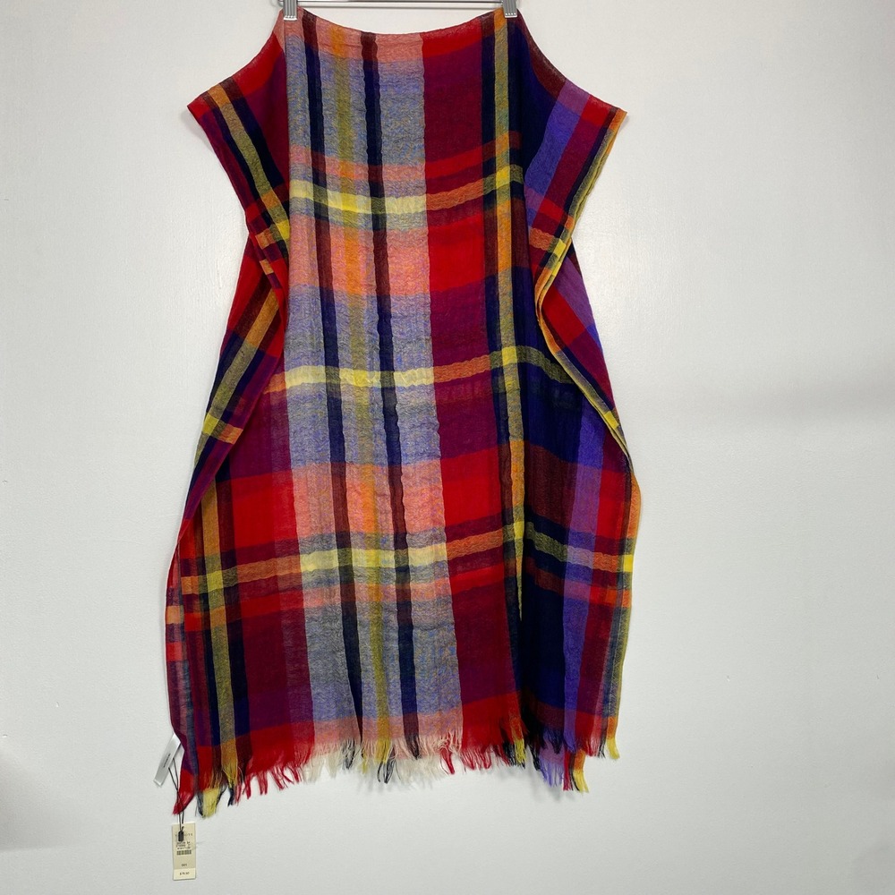 Talbots Women Scarf OS Red Tartan Plaid 100% Wool Fringe Hem New With Flaws